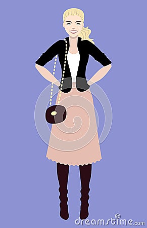 Flat vector illustration of a beautiful young woman with blondy hair. Young woman dressed in casual style Vector Illustration