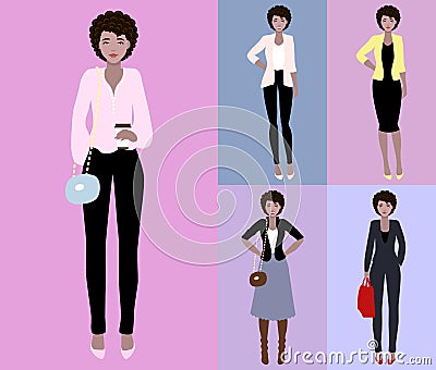 Flat vector illustration of a beautiful young woman with dark hair. Young woman dressed in casual and business style Vector Illustration