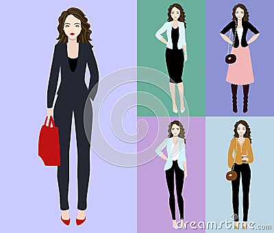 Flat vector illustration of a beautiful young woman with dark hair. Young woman dressed in casual and business style Vector Illustration