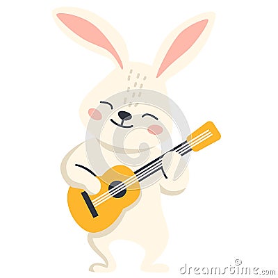 Flat vector illustration. Cute hare or rabbit dancing and playing guitar. Children's illustration on white Vector Illustration