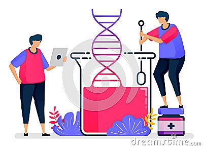 Flat vector illustration of dna experiments with glass chemistry. Biology and genetics learning. Design for healthcare. Can be Vector Illustration