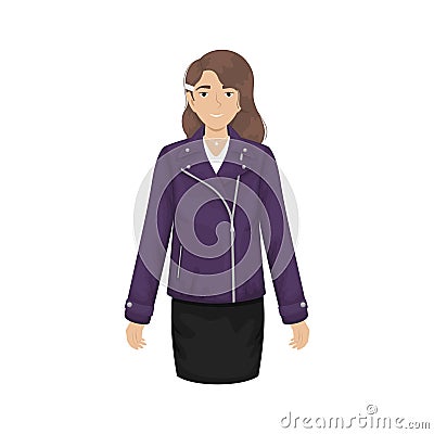 Flat vector illustration of a fashionable girl in a purple leather jacket Vector Illustration