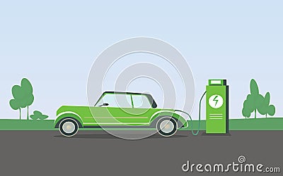 Flat vector illustration of a green electric car charging at the charger station. Electromobility Vector Illustration