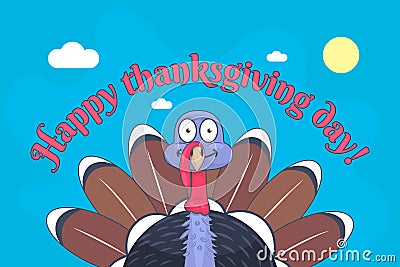 Happy thanksgiving day and cute turkey with big eyes Vector Illustration