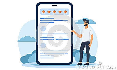 Flat vector illustration. A man is rating an app. A high rating of five stars. Illustration for a request to rate the Vector Illustration