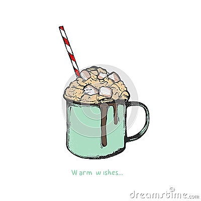 Mug with hot drink chocolate with marshmallows Vector Illustration
