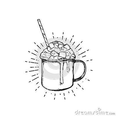 Mug with hot drink chocolate with marshmallows Vector Illustration
