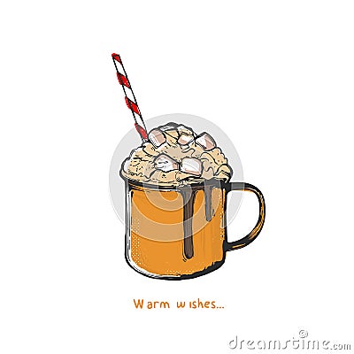 Mug with hot drink chocolate with marshmallows Vector Illustration