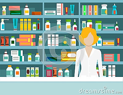 Flat vector illustration pharmacist pharmacy shelves medicines Vector Illustration