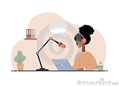 Flat vector illustration of podcast. African woman in headphones at table recording audio broadcast. Cartoon Illustration