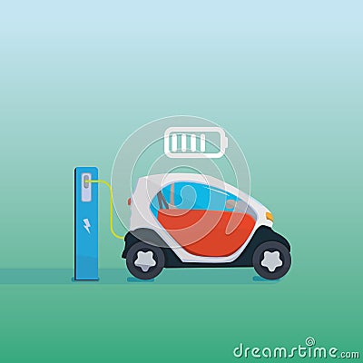 Flat vector illustration of a red electric car charging at the charger station Vector Electric car infographic with icons Cartoon Illustration