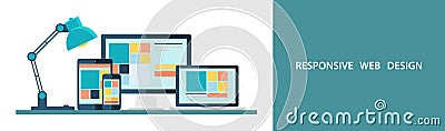 Flat vector illustration of responsive web design as seen on desktop monitor, laptop, tablet and smartphone. Vector Illustration