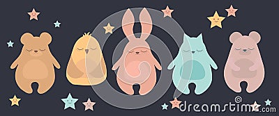 Flat Vector illustration set of cute sleeping animal including bear, rabbit, cat and owl Vector Illustration