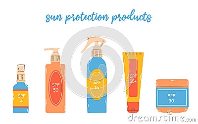 Flat vector illustration with set of different flacons and tube SPF cream on white background. Vector Illustration