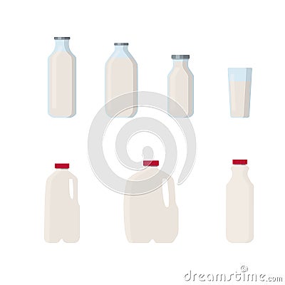 Flat vector illustration set of milk, kefir in different plastic packages and bottles. Isolated on white background Cartoon Illustration