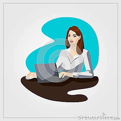 Flat vector illustration with woman working laptop in office Vector Illustration