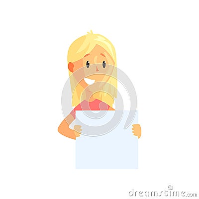 Flat vector illustration of young female with blank placard in hands. Cartoon blond girl character with broad smile Vector Illustration