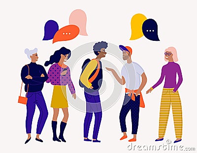 Flat vector illustration with young people characters with colorful dialog speech bubbles. Discussing, chatting, conversation, dia Vector Illustration