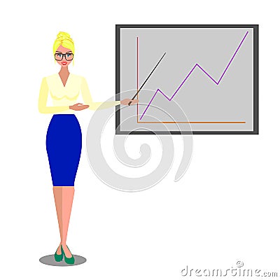 Flat vector isolated illustration business people, famel in spectacles on white background near board with graph, with Vector Illustration