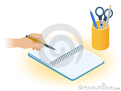 The copybook, hand with pen, desktop organizer. Flat isometric i Vector Illustration