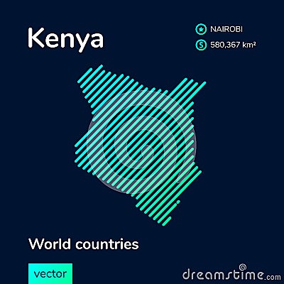 Flat vector Kenya map in turquoise colors on a dark blue background. Stylized map icon of Kenya. Vector Illustration