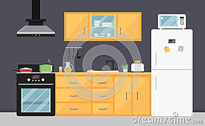 Flat vector kitchen with electric appliances, sink, furniture and dishes. Modern cooking devices. Room interior Vector Illustration