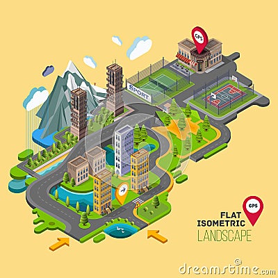 Flat vector landscape with a parks,buildings,seating area Vector Illustration