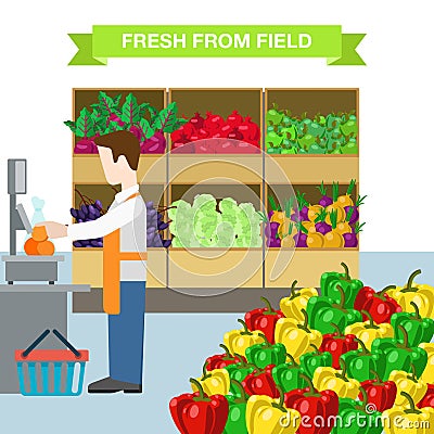 Flat vector man worker agriculture fruit market grocery showcase Vector Illustration