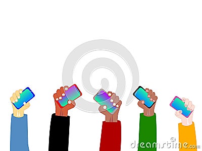 Flat vector many hands holding phones on white background Stock Photo