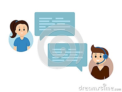 Flat vector people chating online. Support service online chat, communication, dialog, concept. Vector Illustration