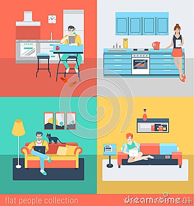 Flat vector people at home interior in kitchen, living room sofa Vector Illustration