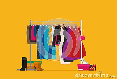 Flat vector racks with clothes on hangers Vector Illustration
