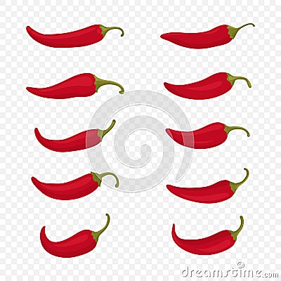 Flat Vector Red Whole Fresh and Hot Chili Pepper Icon Set Closeup Isolated. Spicy Chili Hot or Bell Pepper Collection Vector Illustration