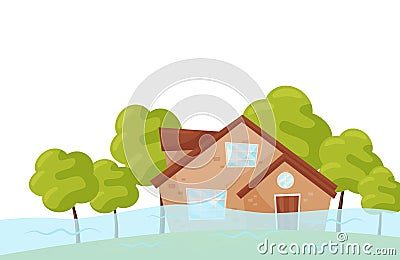 Flat vector scene with flooded house and green trees. Flood disaster. Natural catastrophe. Emergency situation Vector Illustration