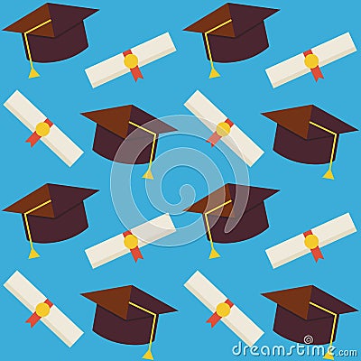 Flat Vector Seamless Pattern Graduate from School Hat and Diplom Vector Illustration