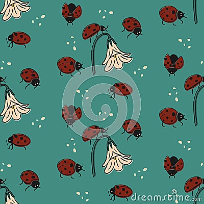 Flat vector seamless pattern with ladybugs Vector Illustration