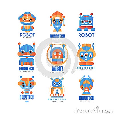 Flat vector set of abstract logo templates with robots. Artificial intelligence development and robotech theme. Vector Illustration