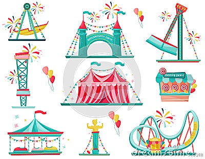 Flat vector set of amusement park icons. Funfair attractions, entrance gate, circus tent and shooting gallery Vector Illustration