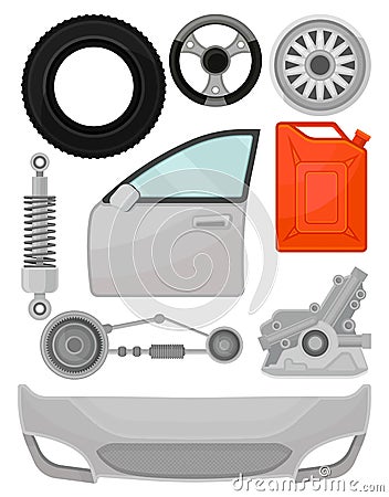 Flat vector set of automobile parts. Door, front bumper, steering wheel, tire, shock absorber. Elements for car repair Vector Illustration