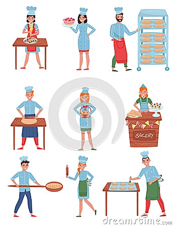 Flat vector set of bakers characters. Happy people in working uniform. Young men and women working in bakery Vector Illustration