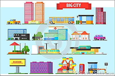 Flat vector set of big city elements. Children playground, amusement park, billboard, urban and private transport Vector Illustration