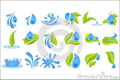 Flat vector set of blue drops and splashes with green leaves. Elements for logo, promo poster or label of bottle with Vector Illustration