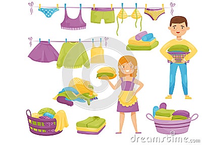 Flat vector set of cartoon laundry icons. Clean clothes on ropes, baskets with dirty garment, smiling housewife and boy Vector Illustration