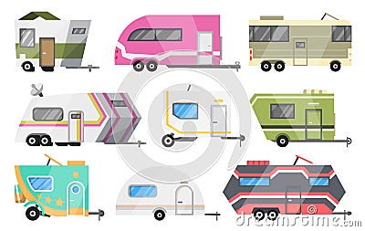 Flat vector set of classic camper vans and trailers. Recreational vehicles. Home on wheels. Comfort cars, Caravan van Vector Illustration