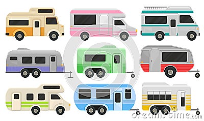 Flat vector set of classic camper vans and trailers. Recreational vehicles. Home of wheels. Comfort cars for family Vector Illustration