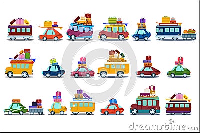 Flat vector set of colorful cars, buses and vans. People going on summer vacation or moving to new place. Transport with Vector Illustration