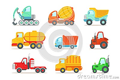 Flat vector set of colorful construction and cargo vehicles. Concrete mixing truck, large dumper, excavator, road Vector Illustration