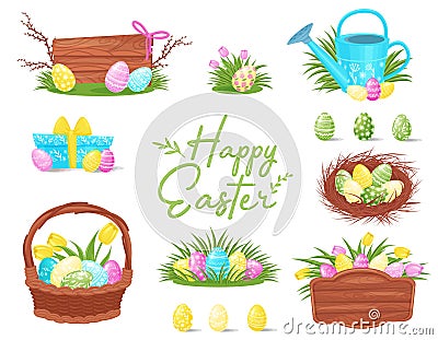 Flat vector set of colorful Easter icons. Painted eggs in basket and nest, wooden boards, gift box and watering can Vector Illustration