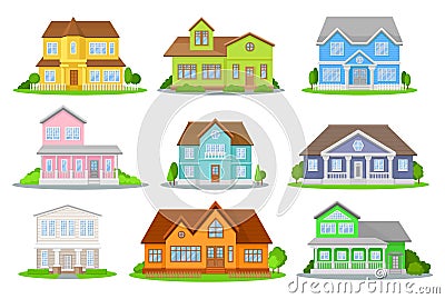Flat vector set of colorful houses with green meadow, bushes and trees. Cozy residential cottages. Traditional Vector Illustration