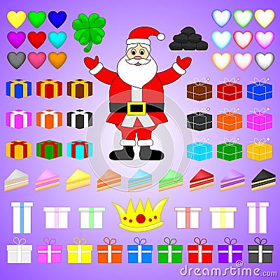 Flat Vector Set of Colorful Items Related to Christmas and New Year Theme. Santa Claus, Gifts, Cheesecakes, Hearts, Crown, Clover. Vector Illustration